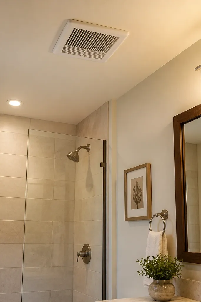 A ceiling vent fan in a small bathroom with a clean white grille. The fan is near the shower area, and the room has no visible condensation on the mirror. Lighting is warm and even.