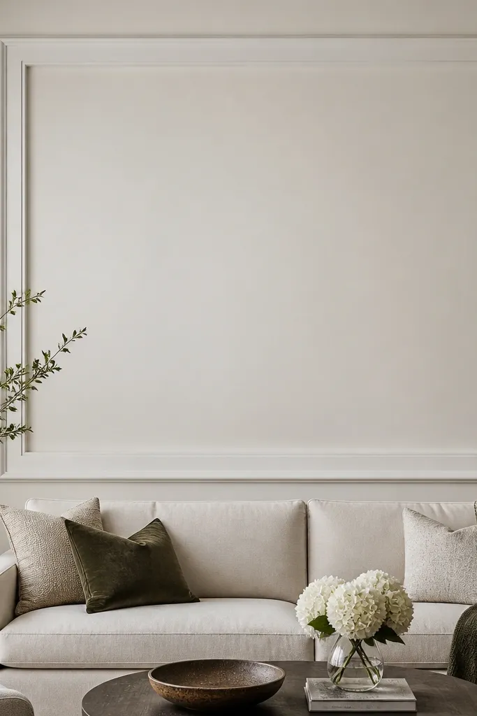 A sofa back wall framed by a wide moulding rectangle with a 2-inch inner shadow gap; the center panel is flat painted the same color as the wall, while the frame is slightly glossier white.