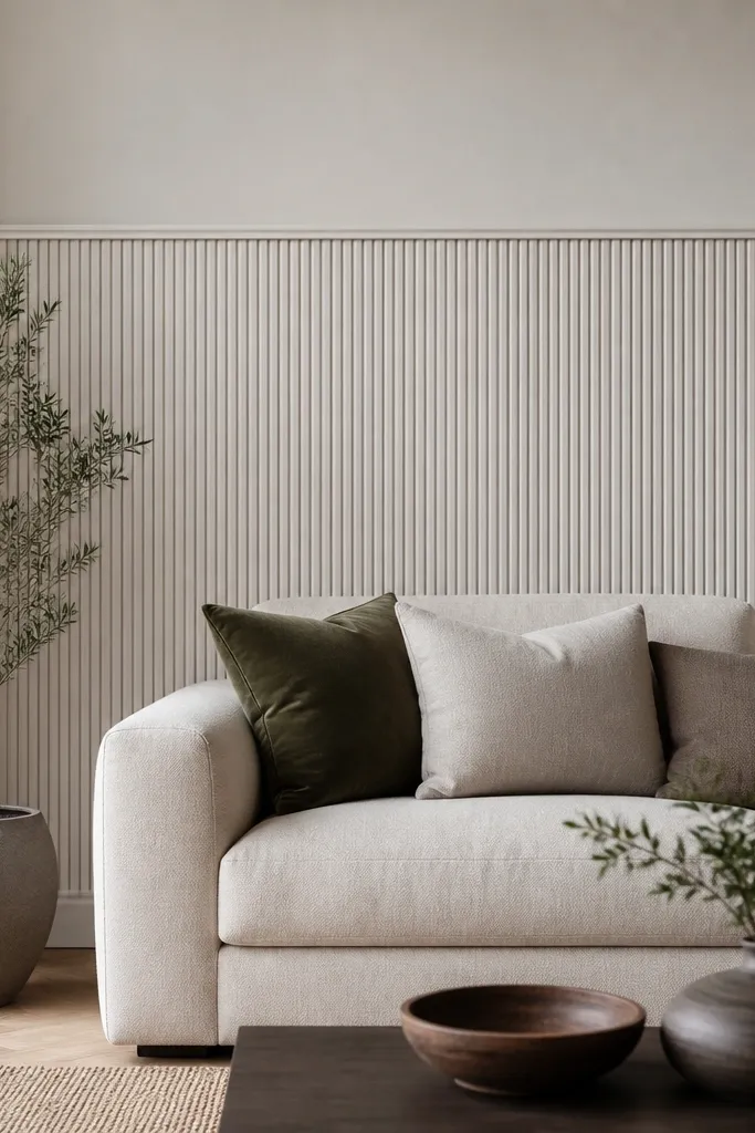 Behind a sofa, slim vertical moulding ribs run from near the sofa top upward; a single horizontal moulding cap creates a clean line across the wall.