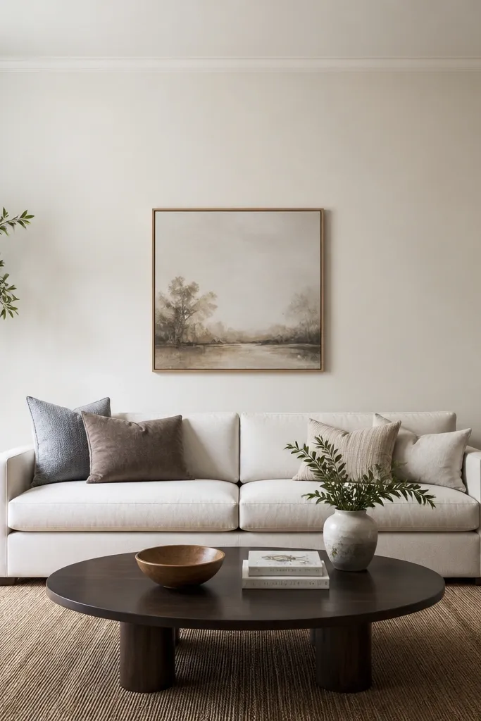 A sofa back wall shows a single crown-like moulding line near the ceiling, with small matching corner blocks at the left and right ends.