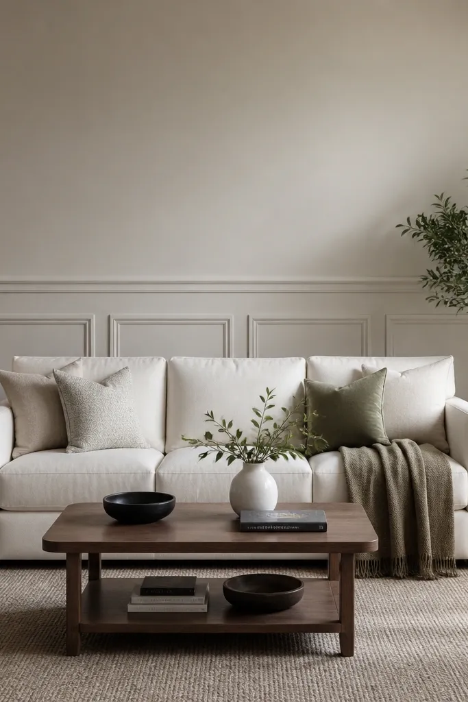 A chair rail runs horizontally across the sofa back wall, with smaller rectangular panel moulding below it and a clean smooth wall above.