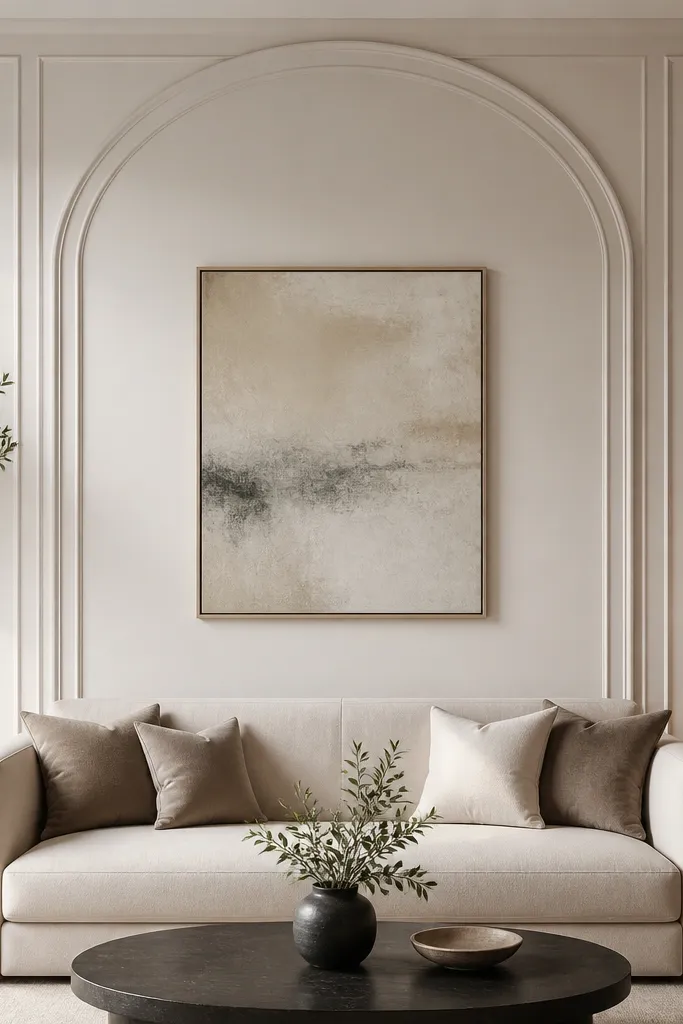 A sofa back wall has a large arched moulding at the top center, with straight vertical moulding lines down to form a tall frame around the art area.