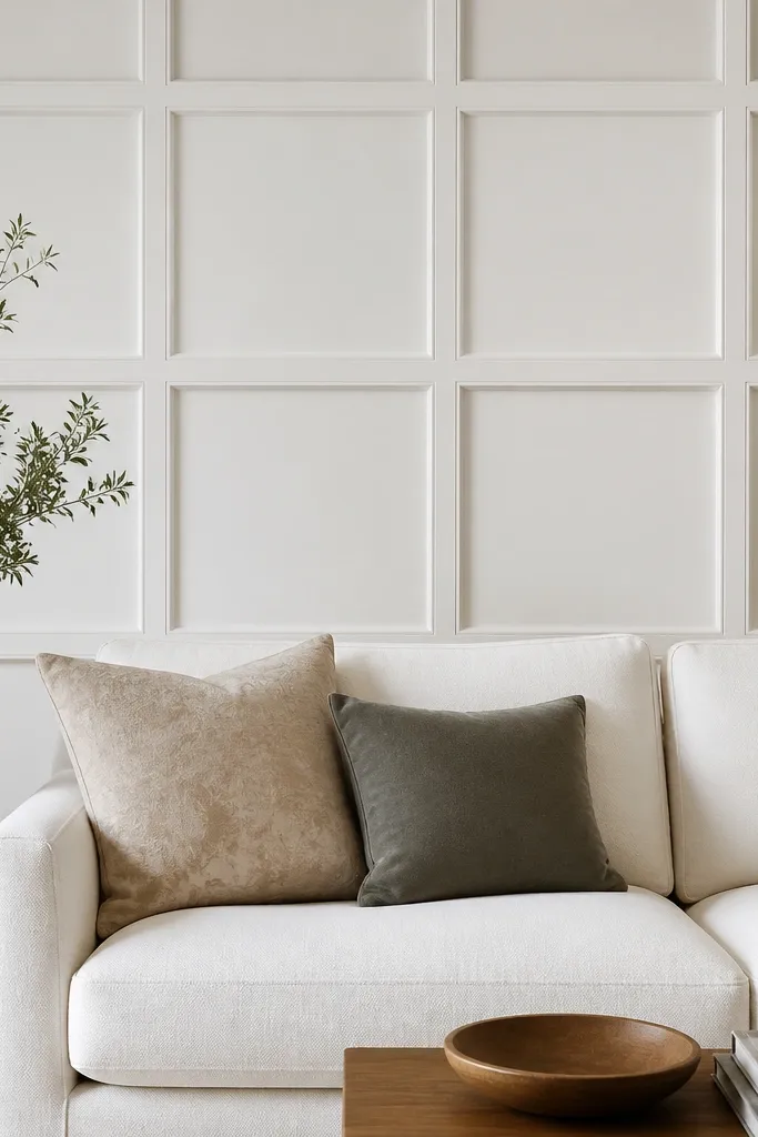 Behind a sofa, a tidy grid of moulding creates small square sections, all in matching white semi-gloss against a satin wall.