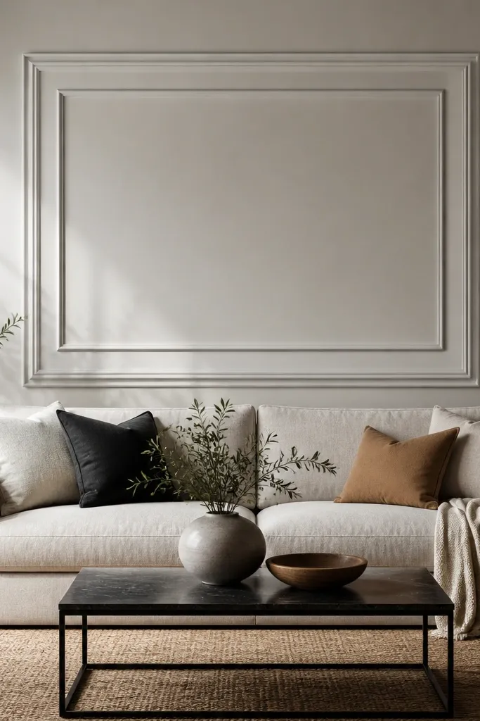 A large picture-frame outline behind the sofa with a wide inner bevel line that creates a crisp double-edge effect.
