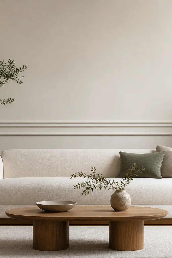 Two or three horizontal moulding bands run behind the sofa, each separated by a narrow shadow gap, with a smooth wall center.