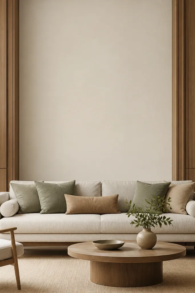 Two large vertical panel frames start at the left and right corners, leaving a clean negative space rectangle in the center behind the sofa.