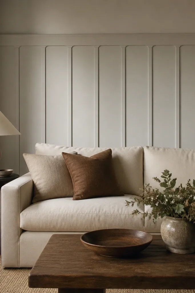 Vertical panel moulding runs behind the sofa with soft rounded top transitions where the panels meet a horizontal rail.