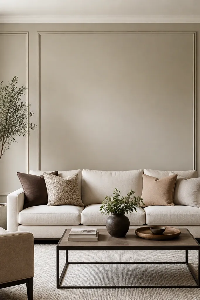 Three vertical trim columns frame a wide center panel behind the sofa, with the center area left smooth and painted the wall color.