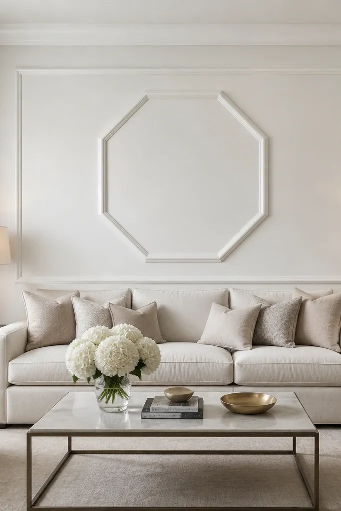 A geometric octagon sits centered within a rectangular border moulding behind the sofa, all in smooth white semi-gloss.