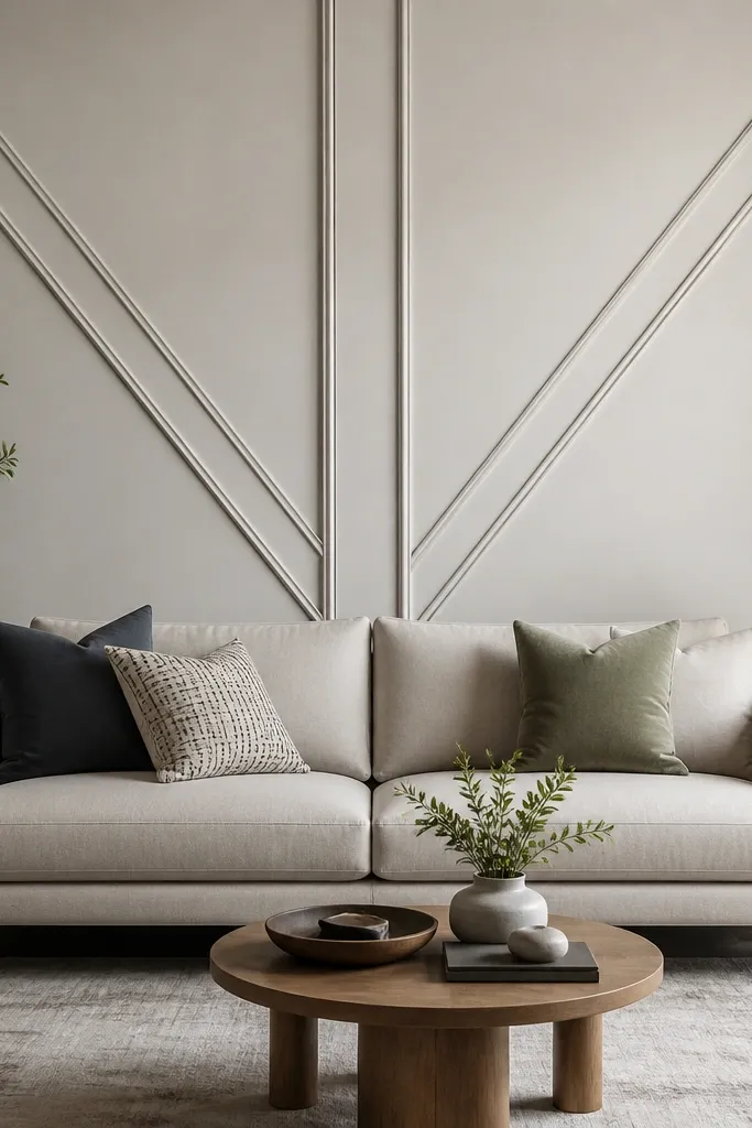 Two diagonal moulding panels rise from the bottom corners toward the center, meeting a straight central vertical strip behind the sofa.