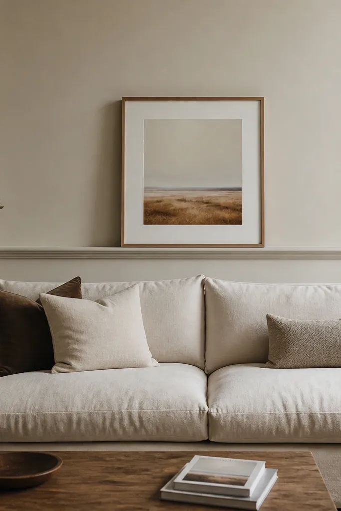 A moulding creates a shallow picture ledge shelf shape behind the sofa, holding a single framed piece centered.