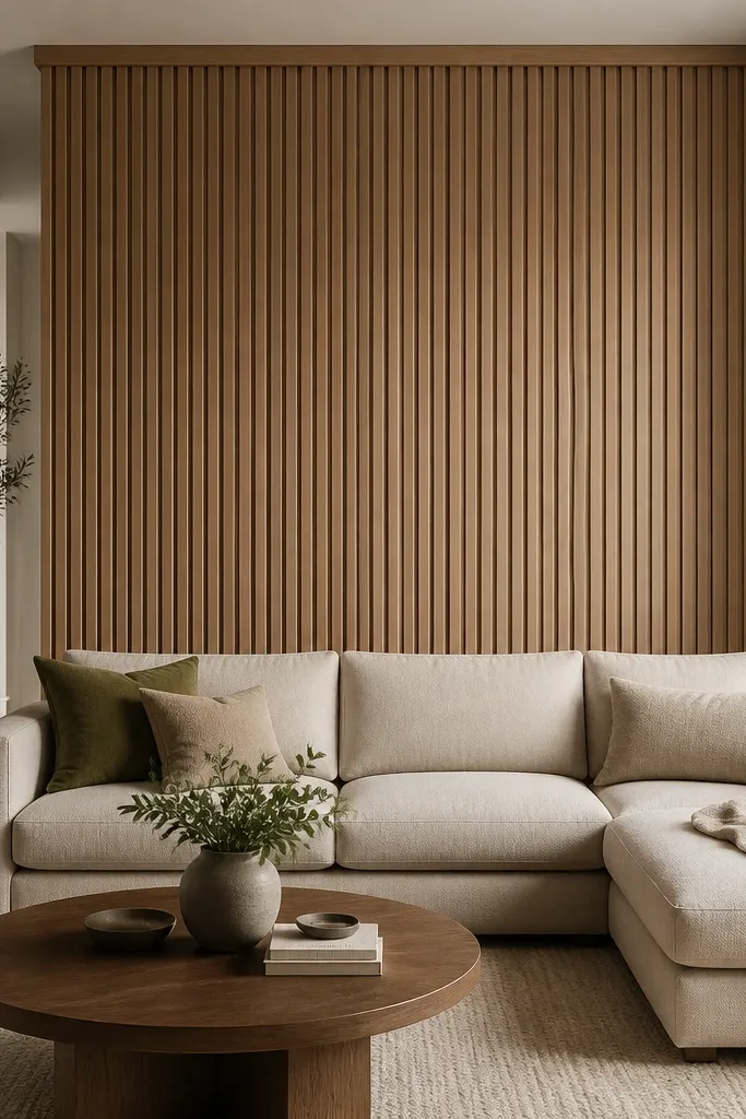 A tall backdrop of vertical slats runs from near the sofa back up toward the ceiling, capped by a continuous top rail moulding.