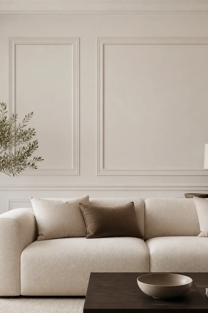 Moulding behind the sofa is painted in a slightly darker warm white than the wall, creating a subtle contrast line around the frame shapes.
