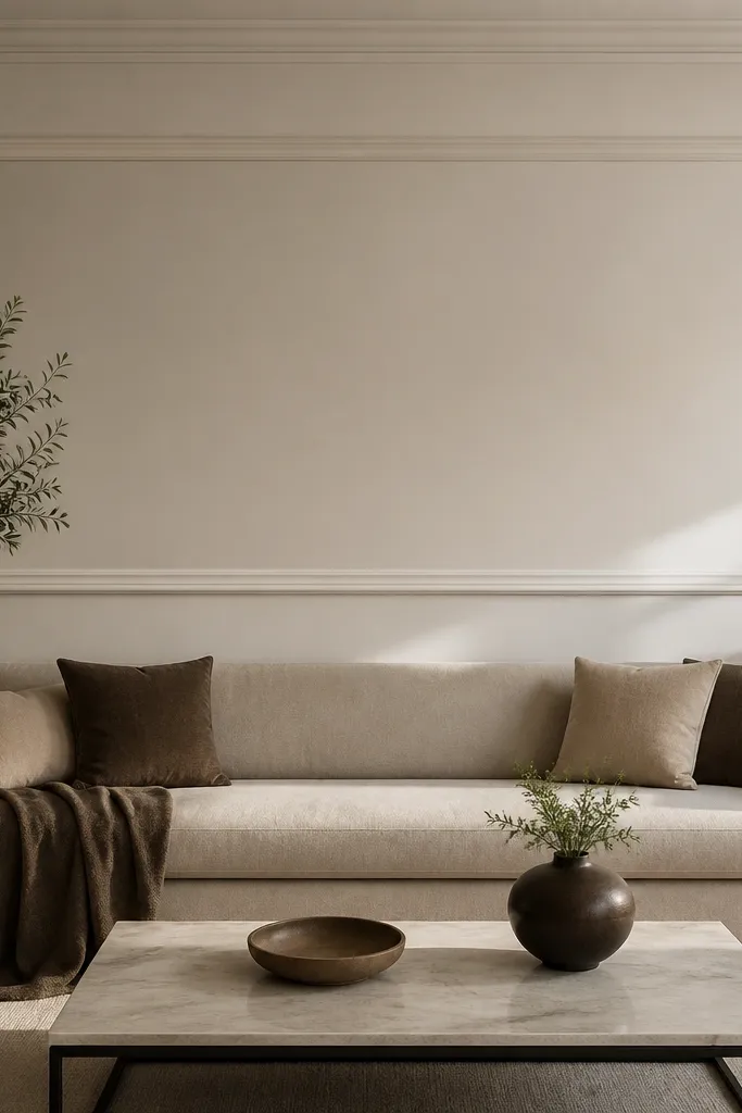 A single continuous rectangular moulding behind the sofa in semi-gloss, set into a matte or eggshell wall finish with no extra panels.