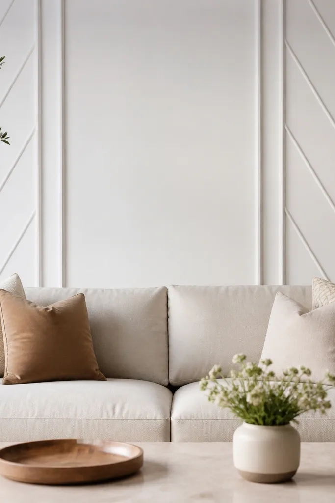 A sofa back wall has a V-groove moulding effect on both sides of a flat center section, all painted white with satin wall behind.