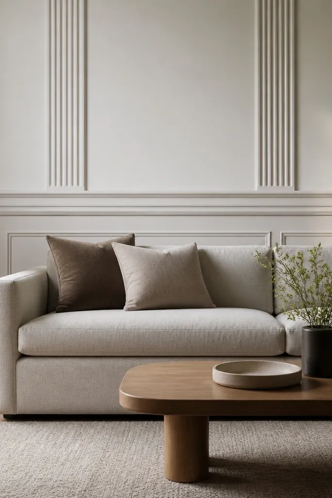 Half-panel moulding with column-like vertical detailing sits above a simple base rail, creating a classic backdrop behind a sofa.