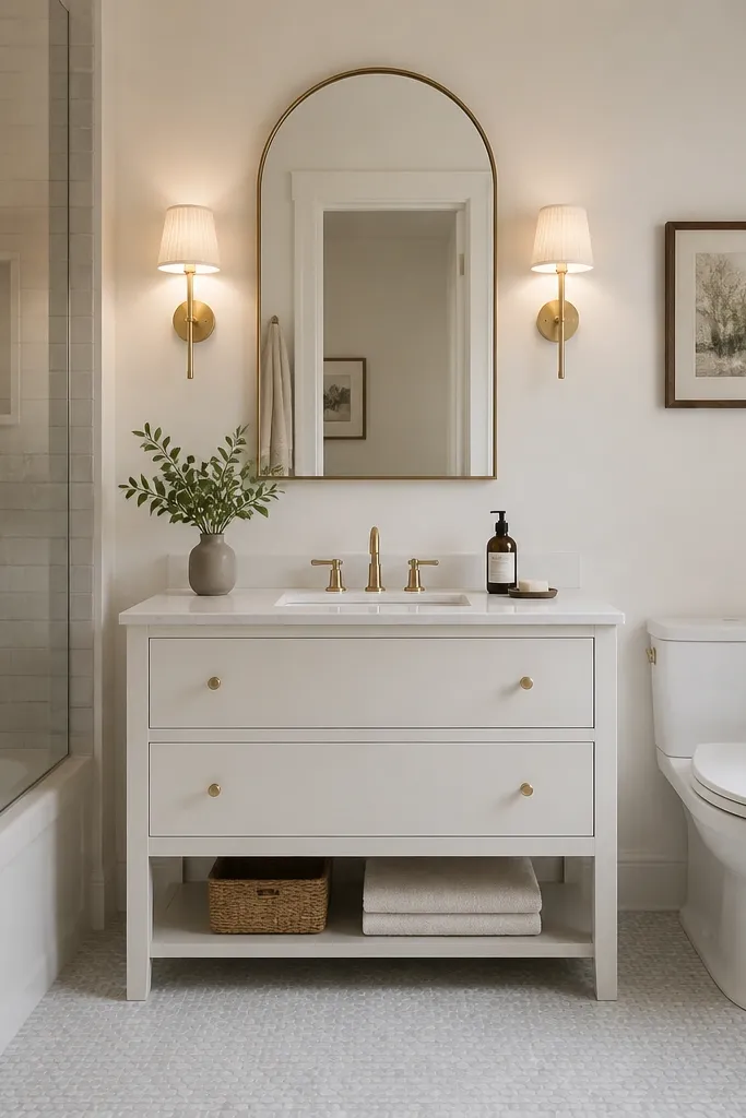 A small full bathroom with a large arched mirror mounted above a slim white vanity. Two warm brass wall sconces flank the mirror, casting soft light. The wall behind the mirror is smooth off-white paint, and the floor is small-format light gray tile.