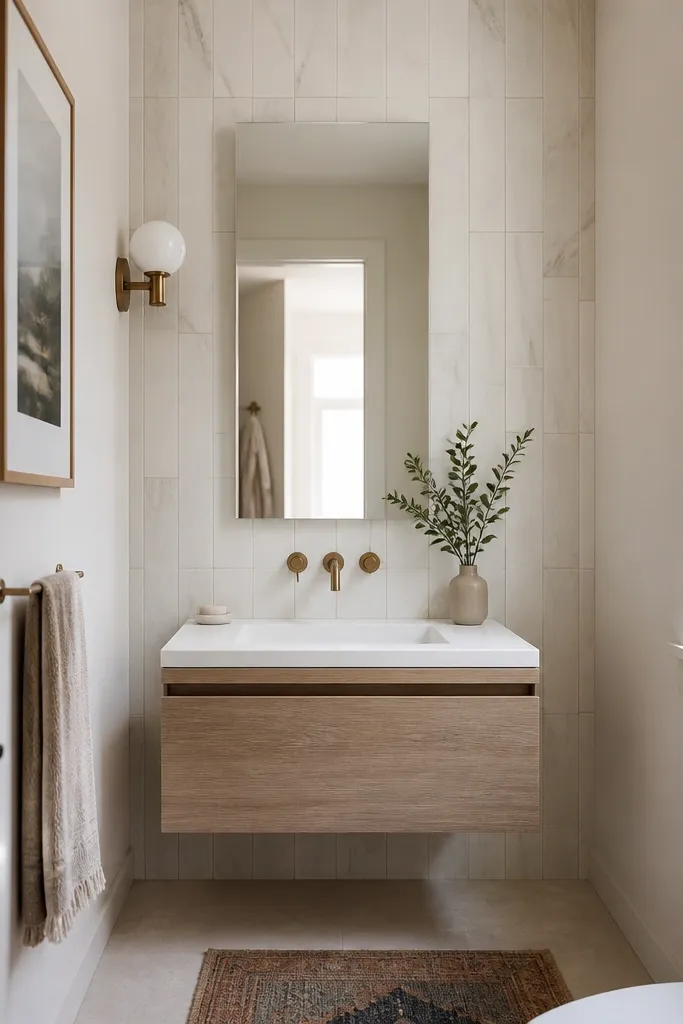 A compact bathroom with tall, vertically installed light marble-look tile wrapping the wall behind a narrow vanity. The tile runs from near the ceiling down to the floor with thin light grout lines. A frameless mirror sits centered above a floating sink.