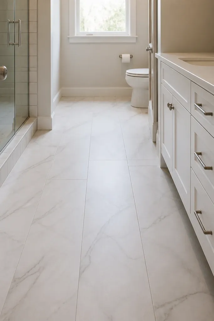 A small bathroom floor laid with large-format marble-look porcelain tiles, arranged lengthwise to make the room feel longer. The grout lines are light and narrow, and the vanity base is white with brushed nickel hardware.