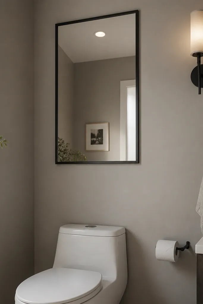 A recessed medicine cabinet in matte black with a mirrored door installed flush in the wall above a compact toilet area. The mirror reflects the room lights, and the surrounding wall is a soft warm gray.