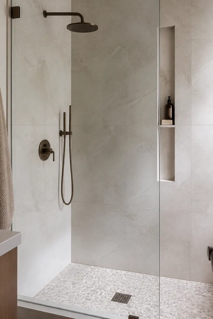 A compact walk-in shower with a frameless glass panel and a built-in niche with the same tile as the shower walls. The niche is about 4 inches wide and runs at comfortable height. Floor is small pebble-look tile at the shower base.