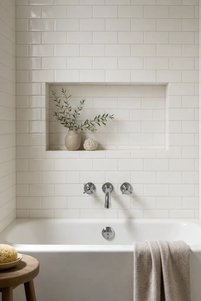 A small bathroom tub with a surround made of white subway tile featuring a subtle micro-bevel. Grout is a warm light beige-satin finish. A simple niche shelf sits at mid-height, and a chrome tub filler is centered.