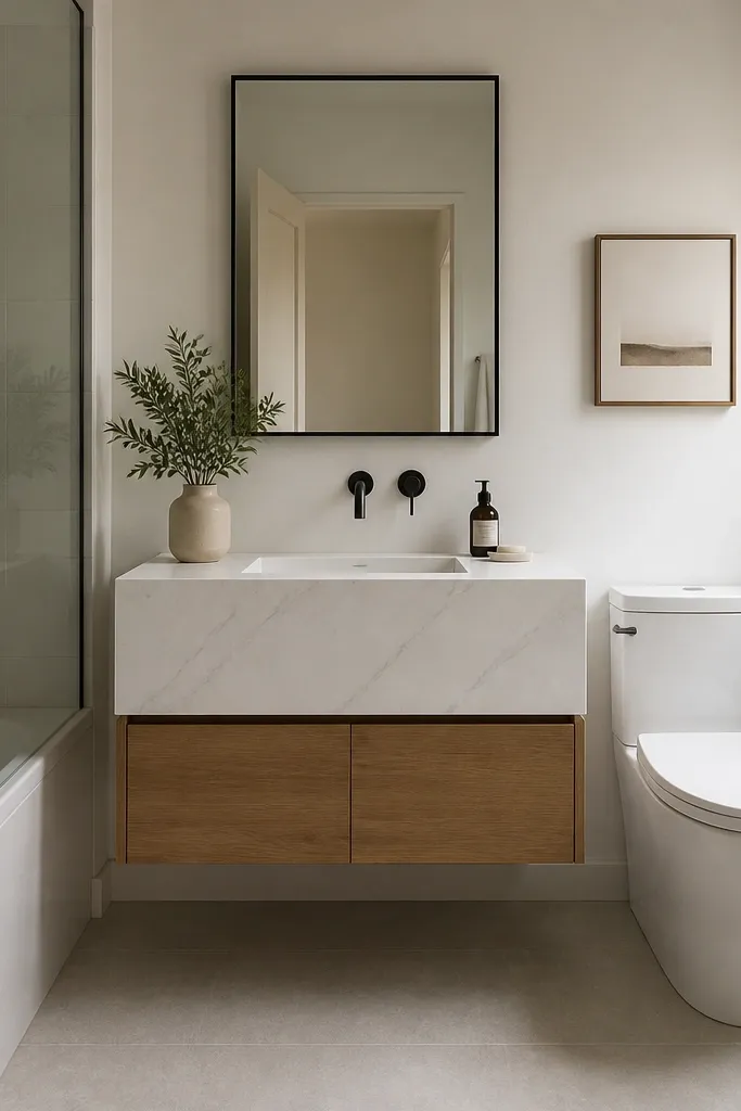 A tiny full bathroom with a floating vanity made of warm oak veneer and a waterfall quartz countertop that wraps down the front. The mirror is rectangular with a thin black frame. The floor is light gray tile.