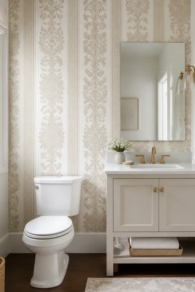 A compact bathroom with wallpaper on only one wall behind the toilet and vanity area. The pattern is a moisture-rated damask stripe in soft cream and taupe. The rest of the walls are painted warm white, with a gold-toned faucet and a frameless mirror.