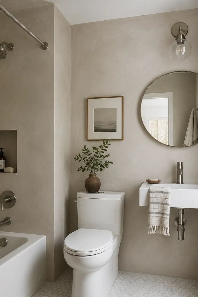 A small full bathroom with walls painted in a plaster look finish, showing subtle trowel marks in warm greige. The ceiling is a flat white, and the hardware is brushed nickel. A simple round mirror hangs above a narrow sink.