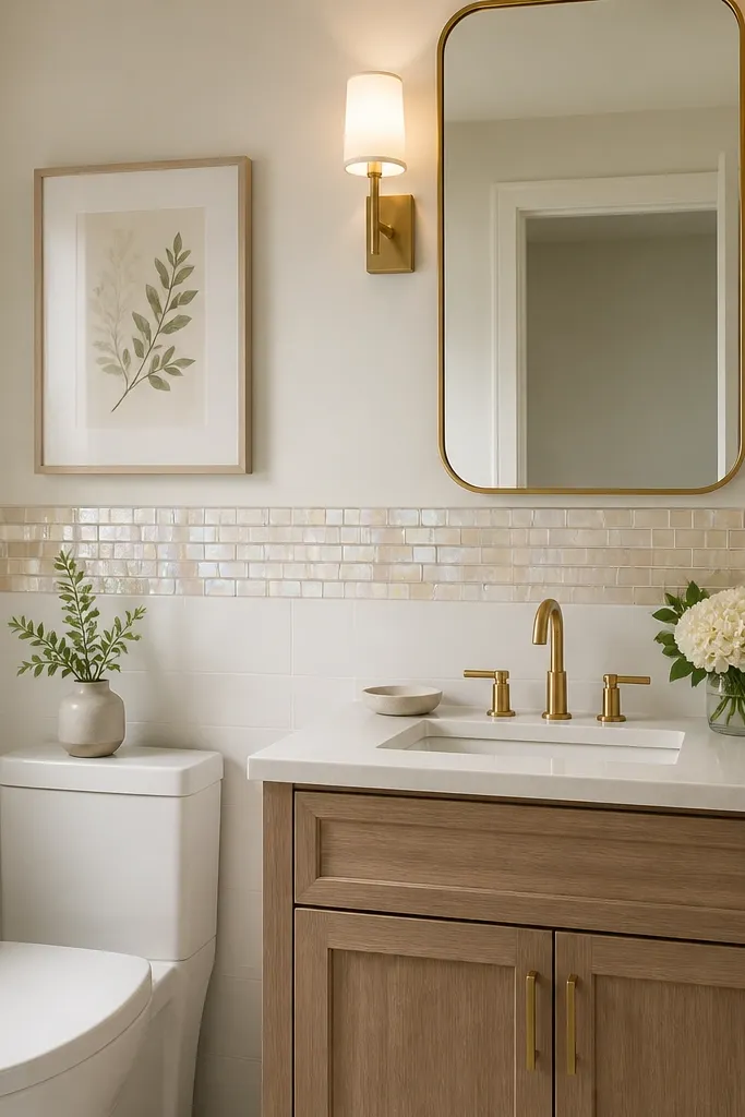 A small bathroom with a narrow glass tile strip running horizontally at about eye level behind the vanity. The glass is soft iridescent in champagne tones. Above and below is plain white tile and warm white paint.
