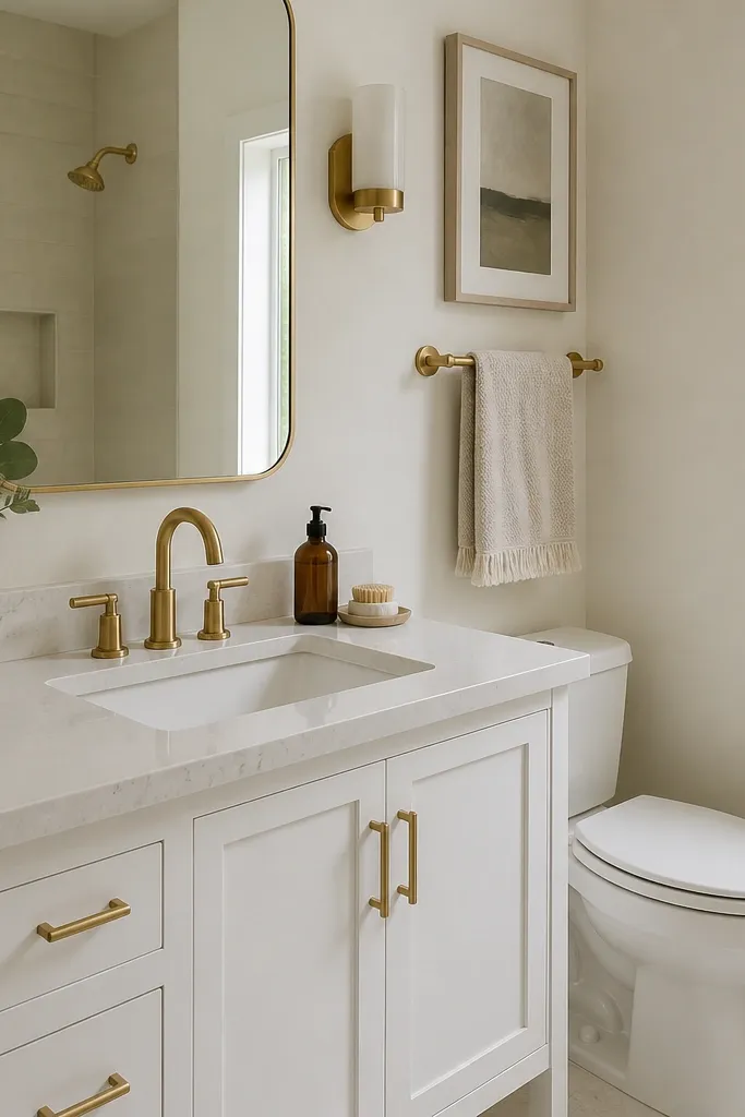 A compact bathroom with brushed brass faucet, towel bar, toilet paper holder, and cabinet pulls. The vanity is white with a light quartz top. The mirror frame is thin and matches the brass.