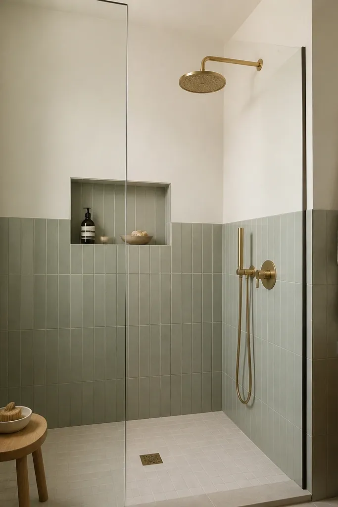 A small bathroom shower with half-height wall tile in a soft sage tone and the upper wall in warm white paint. A glass panel is mounted, and the niche is tiled in the same sage. The floor is light neutral tile.