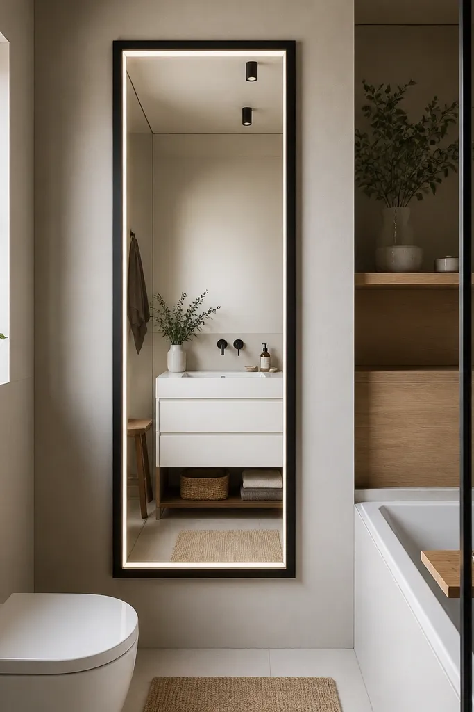 A small full bathroom with a slim black-framed mirror that looks like a window, with integrated LED strip lighting along the edges. The mirror reflects a white vanity and a warm wood bath shelf.