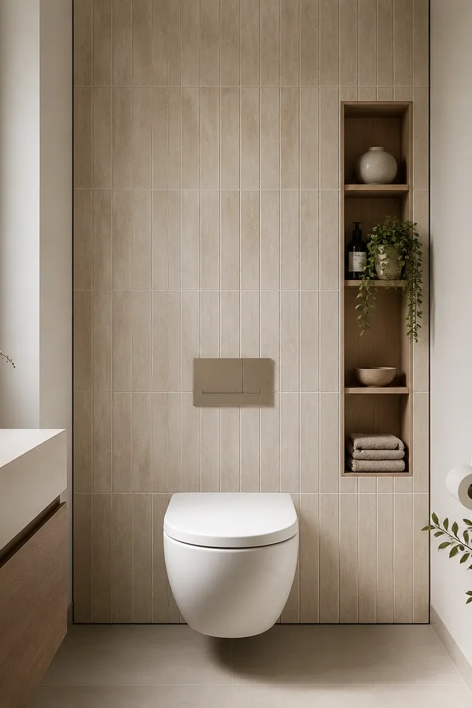 A small bathroom with a wall-mounted toilet and a tiled wall behind it. The tile runs full-height around the toilet feature, with a clean, modern trim line. A small recessed shelf sits to one side.