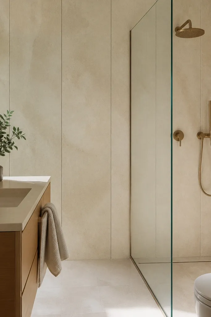 A compact bathroom with warm cream stone-look wall panels installed vertically. The seams are thin and straight, and the panel edges are crisp. A frameless shower glass panel sits beside the tiled floor.