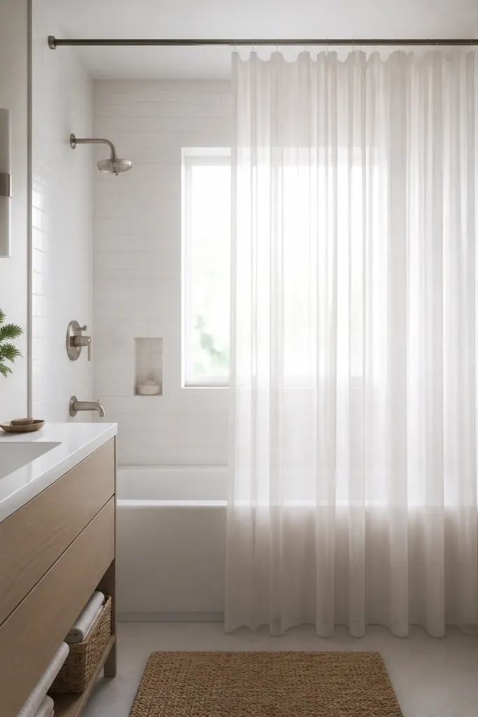 A small bathroom tub with a ceiling-mounted track and wall-to-wall sheer curtain panels. The sheer hangs straight and lets light pass. The tub surround is white tile, and the vanity is slim with brushed nickel fixtures.