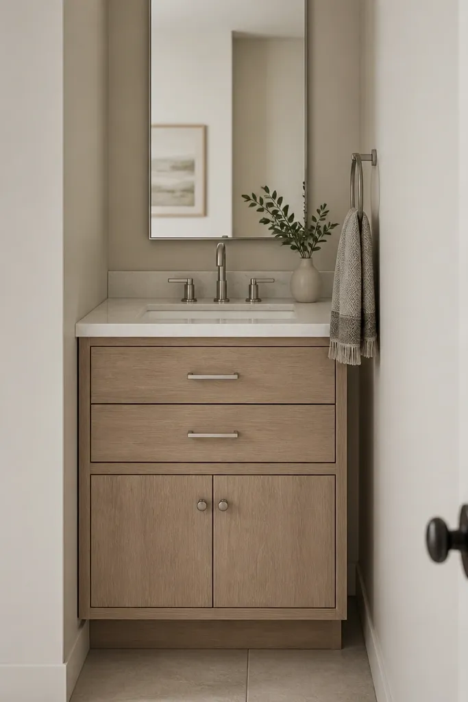 A narrow bathroom vanity with two drawers on top and a small cabinet below, mounted slightly off the floor with a raised toe-kick. The top is light quartz, and there's a single undermount sink. The mirror is rectangular and wall-mounted.