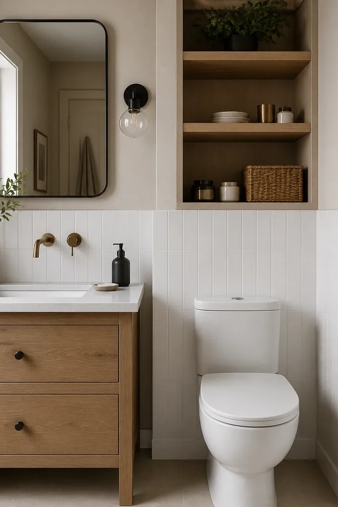 A small bathroom with matte white tile wainscot on the lower half of the wall and warm paint above. A hidden niche shelf sits behind the vanity area with the door-less look. The toilet is close by and the floor is light neutral tile.