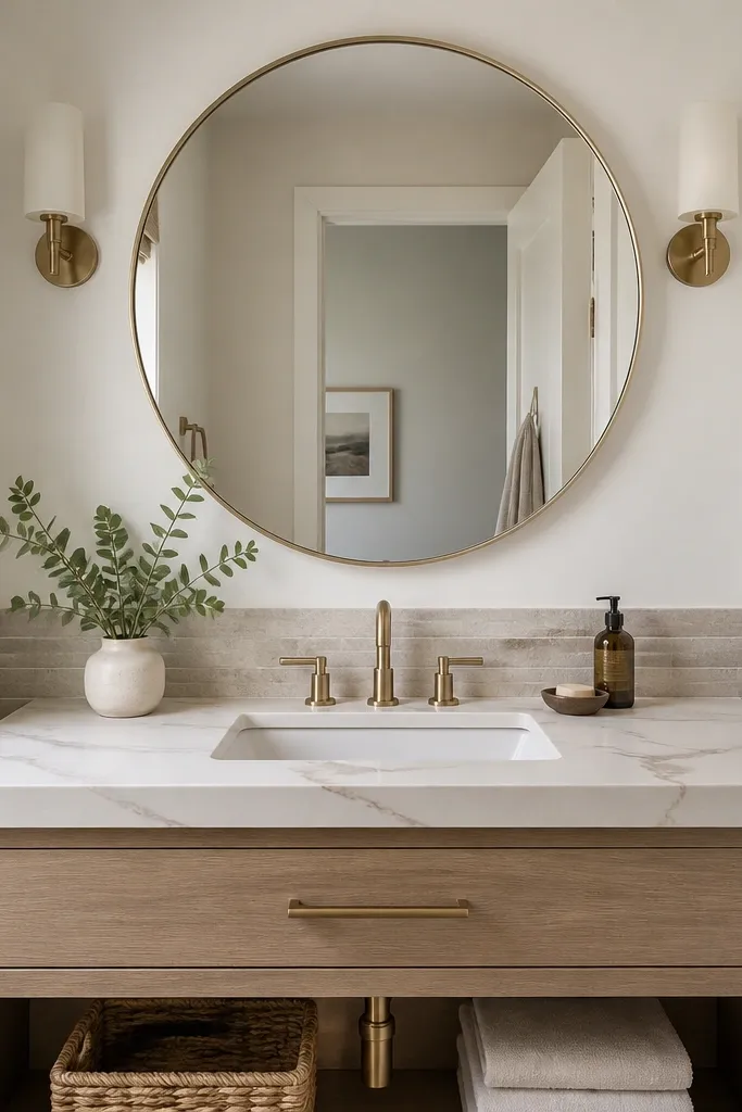 A compact bathroom with a vanity backsplash that uses a narrow band of stone-look tile behind the sink, while the surrounding wall is painted warm white. The stone band aligns with the countertop veining. A large round mirror hangs above.