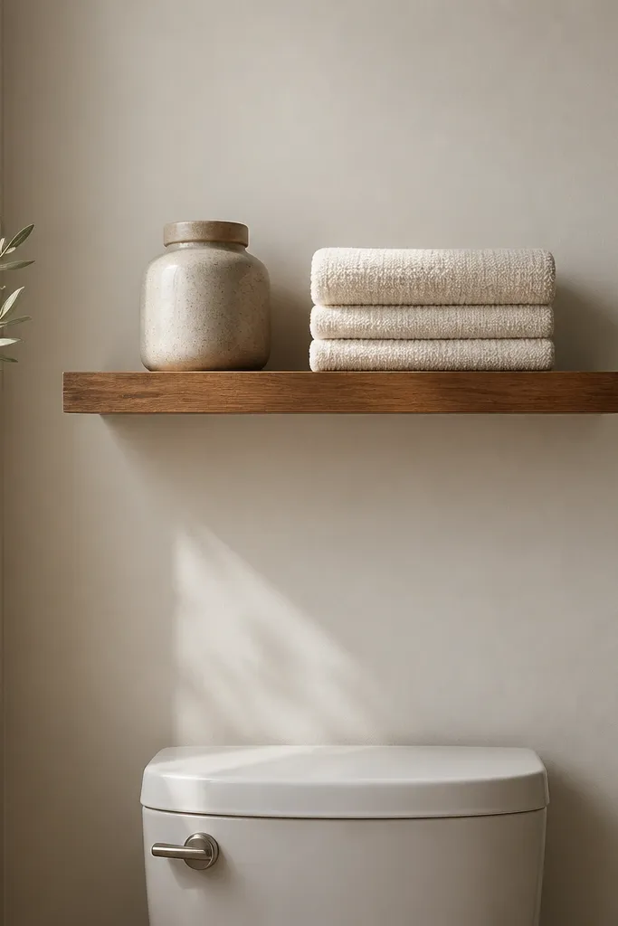 A small bathroom wall has a warm wood floating shelf above the toilet area. On it sits a single ceramic jar and one neatly stacked set of towels in a light neutral color. The wall is painted soft off-white.