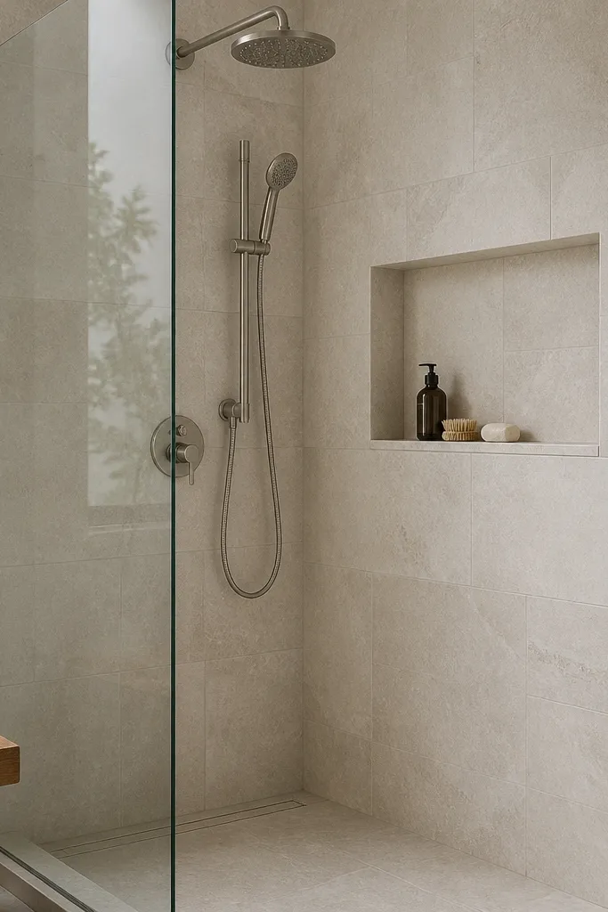A shower niche designed as a recessed soap ledge with a satin stone-look tile surround. The ledge is at comfortable reach height and the surrounding tile matches the shower walls. The glass panel is frameless.