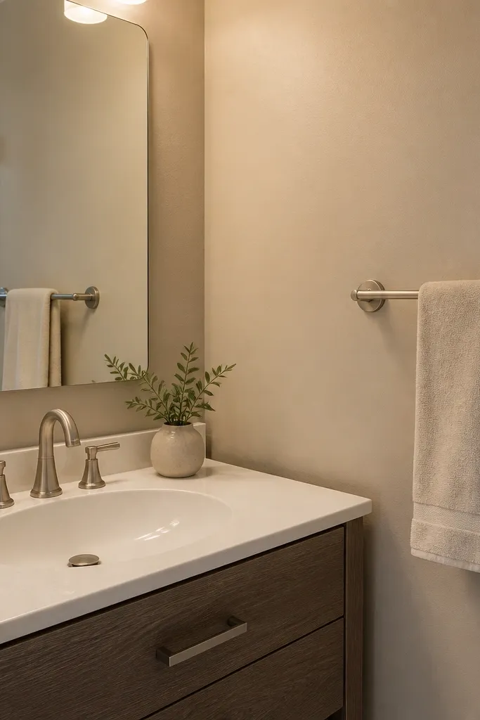 A small bathroom vanity with a brushed nickel faucet and matching brushed nickel drain cover. The mirror is frameless, and the lighting is warm. The towel bar is also brushed nickel.