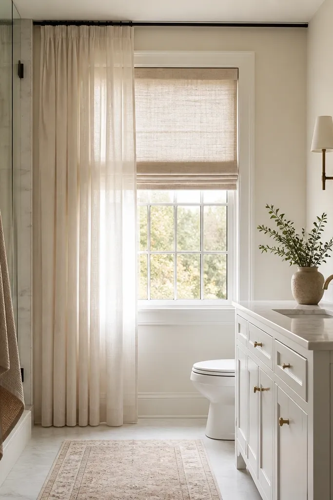 A compact bathroom with a window covered by a Roman shade in a light linen texture. Sheer curtains hang from a ceiling track, reaching nearly to the floor. The vanity is white with simple hardware, and the walls are warm off-white.