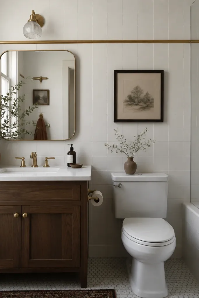 A small full bathroom with matte white wall tile and a thin brass picture rail running horizontally across the wall. The mirror hangs below the rail, and the grout lines are narrow. The vanity has brass hardware.
