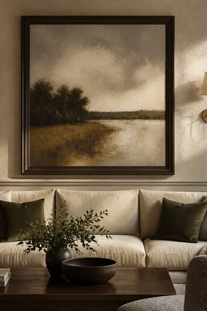 A light beige sofa sits in front of a wall with one huge framed artwork centered behind it. Two slim black sconces flank the frame at equal height, and a thin gold gallery rail runs along the wall edge with a single small decorative piece on each side.