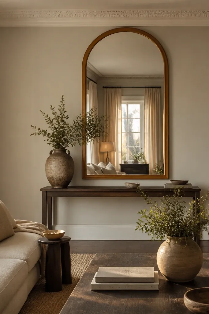A tall arched mirror with a warm oak frame leans or mounts on the sofa back wall. The mirror reflects a soft lamp glow, and two small round wall lights sit lower on either side, with a thin console table beneath holding a ceramic vase.