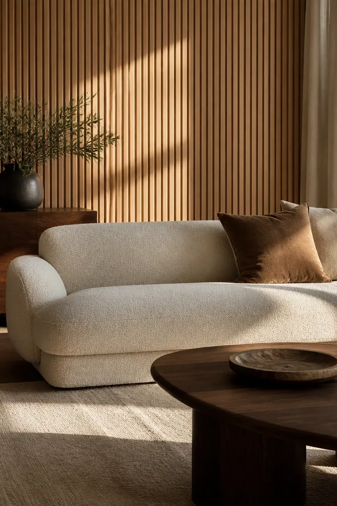 A sofa back wall has evenly spaced vertical wood slats in pale oak. Thin shadow gaps run between each slat, and the sofa is centered with a simple upholstered throw and a single large neutral art piece above or between slats.