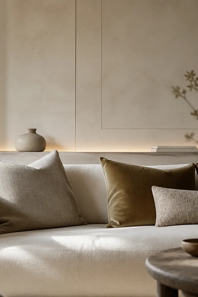 A soft limewash wall behind the sofa has subtle rectangular panel outlines. A narrow hidden shelf or ledge runs low and disappears visually, with a couple of books and a small framed photo placed on top.