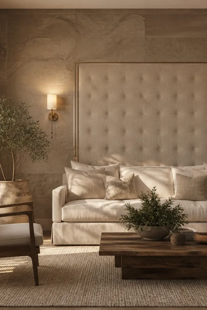 A faux stone-look tile section sits behind the sofa in a rectangular area, centered. In the middle is a tufted upholstered panel in a warm neutral fabric, with two simple brass sconces on either side.