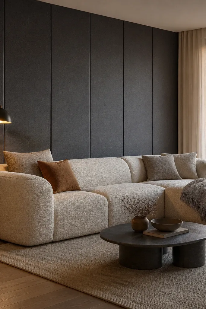 A large fabric panel spans behind the sofa, in a textured bouclé or woven linen. The panel has gentle vertical seams and a clean border, with a single framed print hanging above or centered within the panel.
